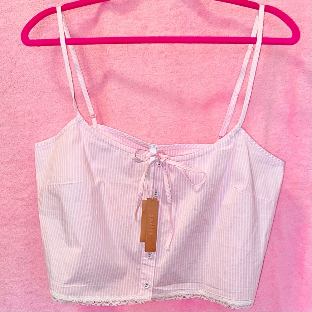 SKIMS Cherry Blossom Pink White Stripe Pajama Tank Cotton Lace Large Pajama Chic
